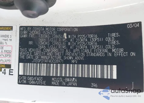 2004 Toyota Highlander V6 z USA, uszkodzony, nr VIN JTEGP21A140028971